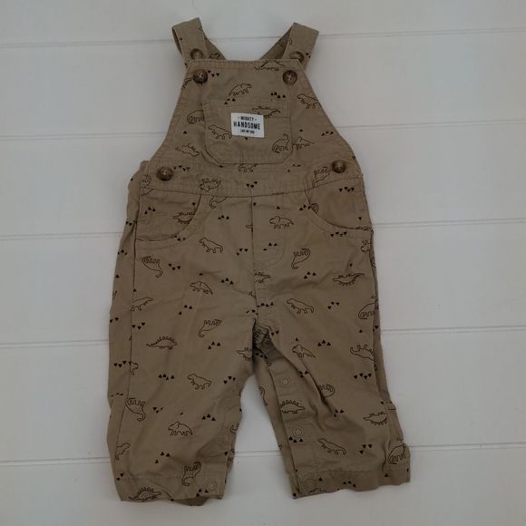 Carter's Just One You Boy's Dinosaur Overalls Tan Snap Button Legs Size 6 Months - Picture 1 of 10